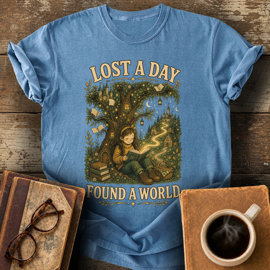 Lost a Day Found a World Tee - blue jean shirt mockup